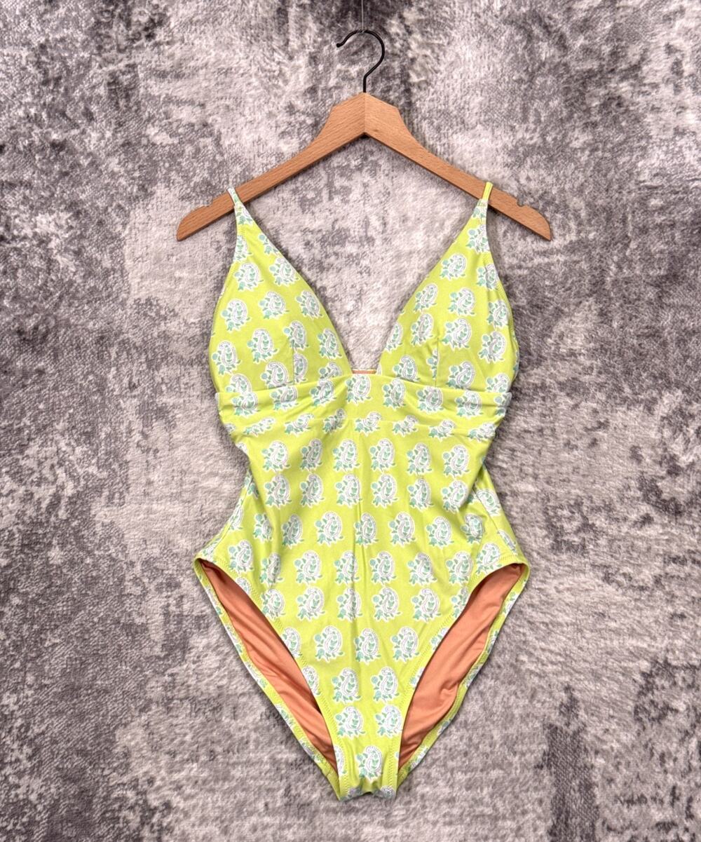 SZ Blockprints x J Crew Plunge One Piece Swimsuit 10 Womens Green Paisley